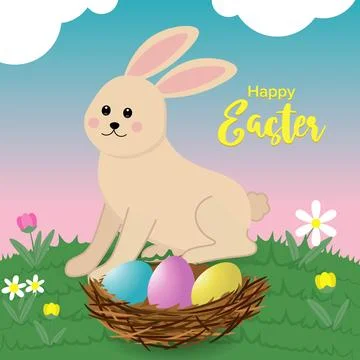 Happy easter vector image with holiday rabbit and eggs in a nest Stockillustratie