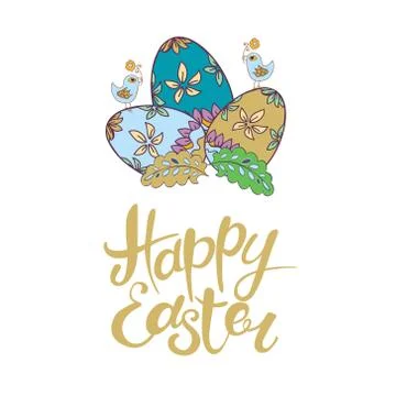 Happy Easter vector lettering. Typographical Background with dec Stock Illustration