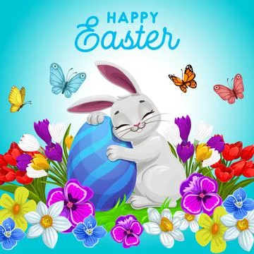 Happy Easter vector poster with bunny hugging egg 库存插图