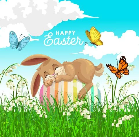 Happy Easter vector poster with bunny sleep on egg Stockillustratie