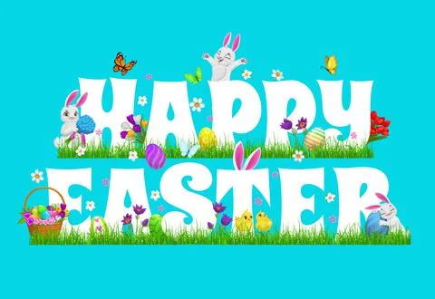 Happy Easter vector poster with cartoon rabbits Stock Illustration