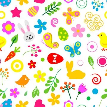 Happy Easter vector seamless pattern. Easter colorful cute birds, bunny, flowers Stock Illustration
