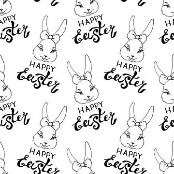Happy Easter-Vector seamless pattern with inscriptions and simple contour dra Illustrazione stock