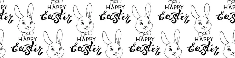 Happy Easter-Vector seamless pattern with inscriptions and simple contour dra Illustrazione stock