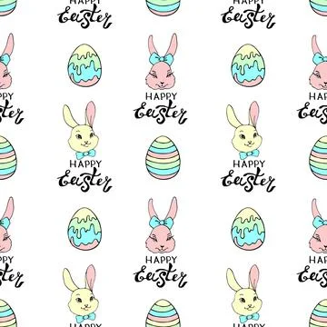 Happy Easter-Vector seamless pattern with inscriptions, eggs, simple color dr Illustrazione stock