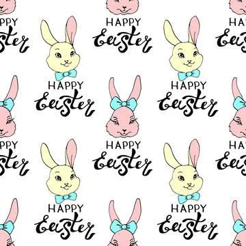 Happy Easter-Vector seamless pattern with inscriptions and simple color drawi Illustrazione stock