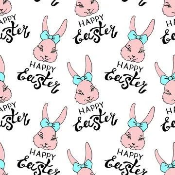 Happy Easter-Vector seamless pattern with inscriptions and simple colorful dr Illustrazione stock