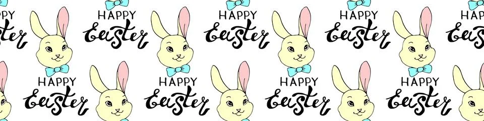Happy Easter-Vector seamless pattern with inscriptions and simple colorful dr Illustrazione stock