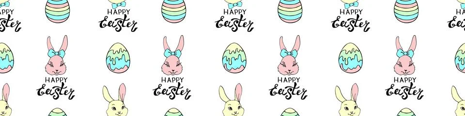 Happy Easter-Vector seamless pattern with inscriptions and simple color drawi Illustrazione stock