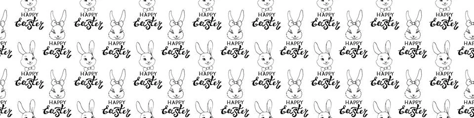 Happy Easter-Vector seamless pattern with inscriptions and simple contour dra Illustrazione stock