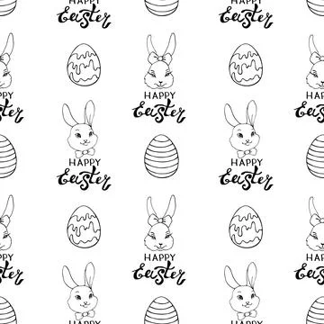 Happy Easter-Vector seamless pattern with inscriptions and simple color drawi Illustrazione stock
