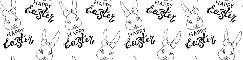 Happy Easter-Vector seamless pattern with inscriptions and simple contour dra Illustrazione stock