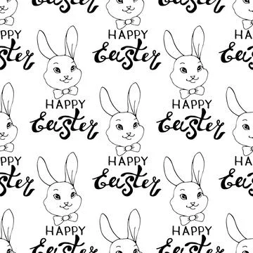 Happy Easter-Vector seamless pattern with inscriptions and simple contour dra Illustrazione stock