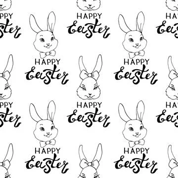 Happy Easter-Vector seamless pattern with inscriptions and simple contour dra Illustrazione stock