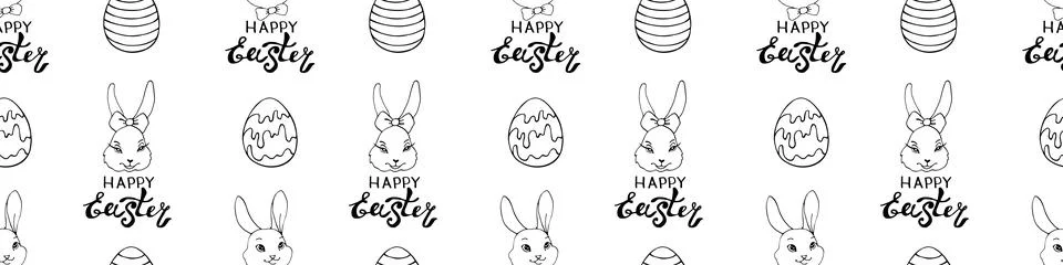 Happy Easter-Vector seamless pattern with inscriptions, eggs, simple drawin.. Illustrazione stock