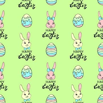 Happy Easter-Vector seamless pattern with inscriptions, eggs, simple color .. Illustrazione stock