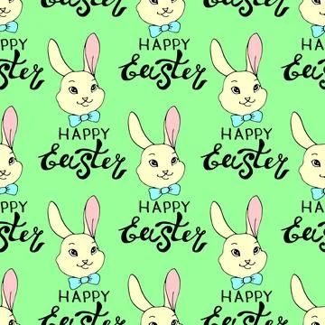 Happy Easter-Vector seamless pattern with inscriptions and simple colorful .. Illustrazione stock