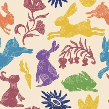 Happy Easter. Vector seamless pattern with bunnies and flowers. Folk art, lin Stockillustratie