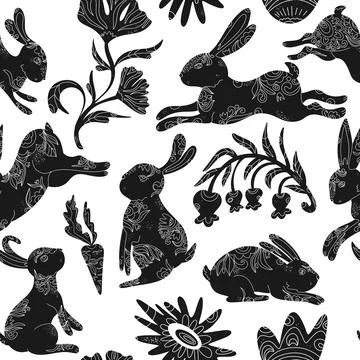 Happy Easter. Vector seamless pattern with bunnies and flowers. Folk art, lin Stockillustratie
