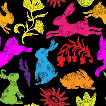 Happy Easter. Vector seamless pattern with bunnies and flowers. Folk art, lin Stock Illustration