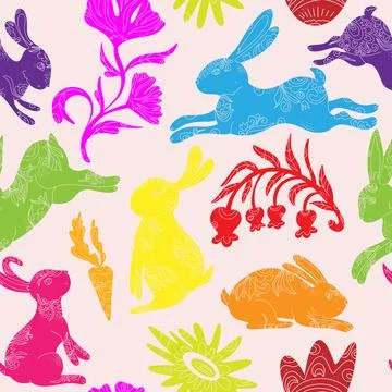 Happy Easter. Vector seamless pattern with bunnies and flowers. Folk art, lin Stockillustratie