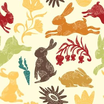Happy Easter. Vector seamless pattern with bunnies and flowers. Folk art, lin Stockillustratie