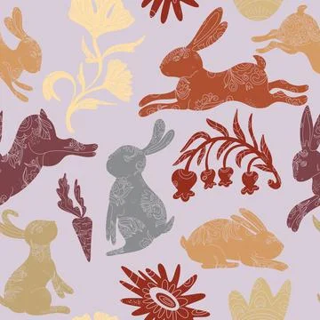 Happy Easter. Vector seamless pattern with bunnies and flowers. Folk art, lin Stockillustratie