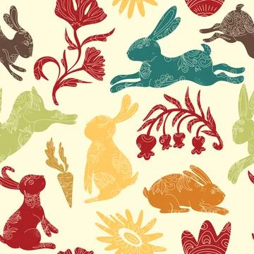 Happy Easter. Vector seamless pattern with bunnies and flowers. Folk art, lin Stock Illustration