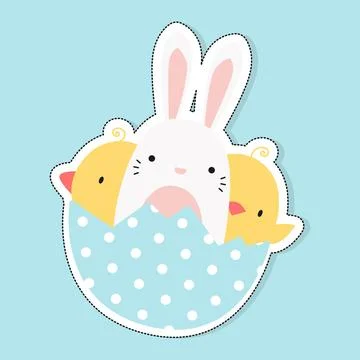 Happy Easter vector sticker. Bunny and chickens in an eggshell Stock Illustration