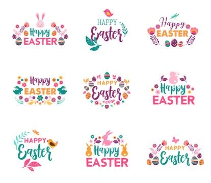 Happy Easter, vector symbols, logo, badges and lettering design Stock Illustration