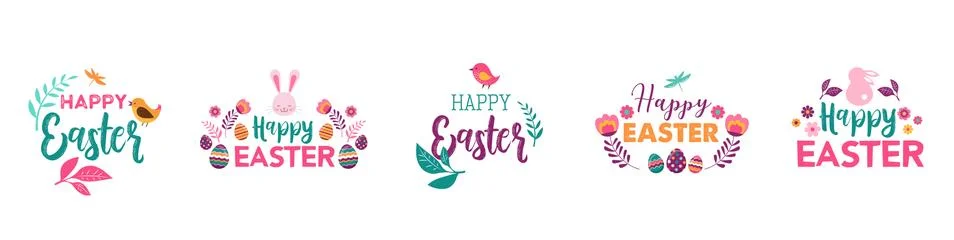 Happy Easter, vector symbols, logo, badges and lettering design Stock Illustration