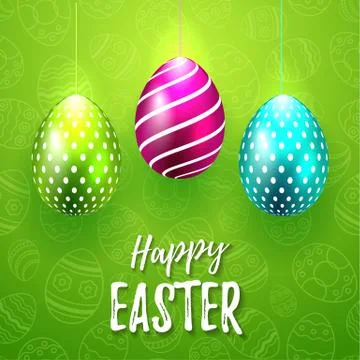 Happy Easter Vector Typography card with colored eggs on green seamless Stock Illustration