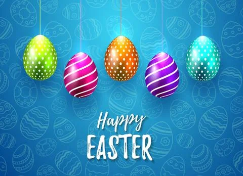 Happy Easter Vector Typography card with colored eggs on cyan seamless Stock Illustration
