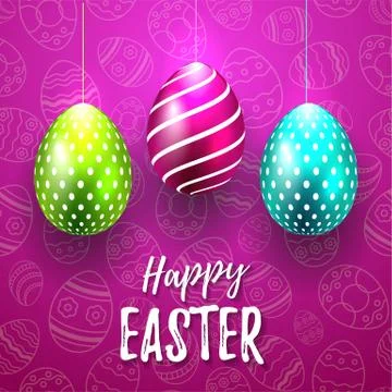 Happy Easter Vector Typography card with colored eggs on bright purple seamless Stock-Illustration