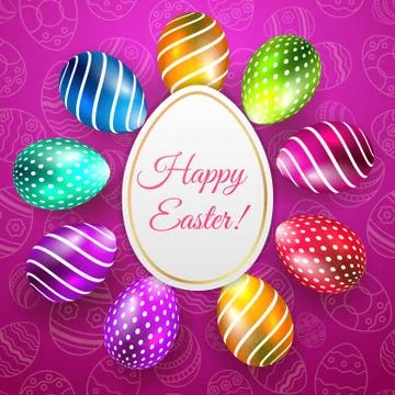 Happy Easter Vector Typography card with colored eggs on purple seamless Stock Illustration