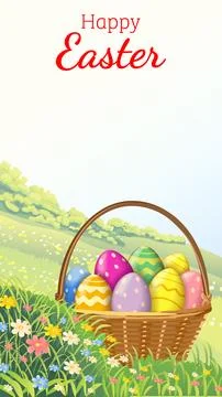 Happy Easter vertical banner with eggs in basket Stock Illustration