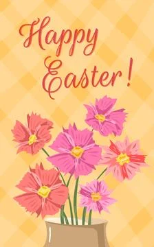 Happy Easter vertical greeting card with pink cosmos flowers in vase on yel.. Stock Illustration