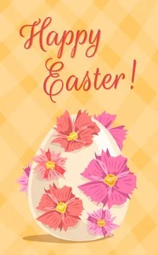 Happy Easter vertical greeting card with decorated Easter egg and flowers o.. Stock Illustration
