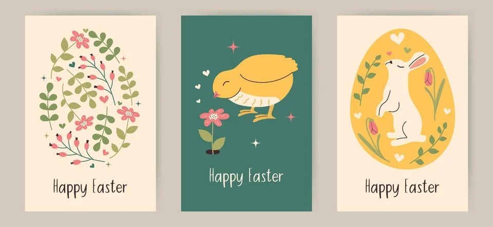 Happy Easter vertical Hand drawn postcard. Doodle Spring greeting card with e Stock Illustration