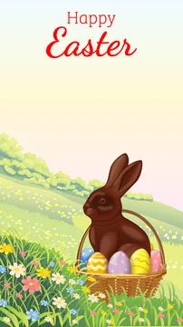 Happy Easter vertical vector illustration with chocolate bunny in wicker ba.. 库存插图