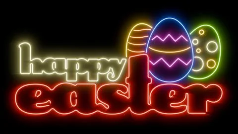 Happy Easter vibrant glowing neon sign on black background for easy blending Stock Illustration