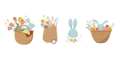 Happy Easter, vintage style Easter rattan baskets with eggs, flowers and bunnies Stock Illustration