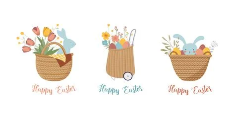 Happy Easter, vintage style Easter rattan baskets with eggs, flowers and bunnies Stock Illustration