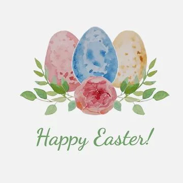 Happy Easter watercolor card, banner, border with Easter eggs and spring fl.. Illustrazione stock