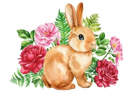 Happy Easter watercolor card, Easter rabbit, spring flowers pastel color Stock Illustration