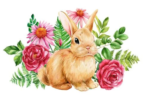 Happy Easter watercolor card, Easter rabbit, spring flowers pastel color Illustrazione stock