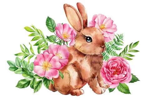 Happy Easter watercolor card, Easter rabbit, spring flowers pastel color Stock Illustration
