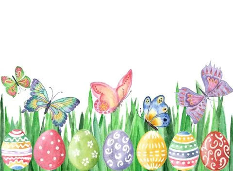 Happy Easter. Watercolor hand drawn background with Easter eggs Stock Illustration