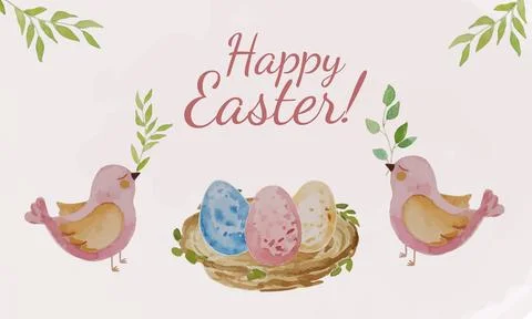Happy easter. Watercolor illustrations of easter eggs in a nest and birds wit Stock Illustration