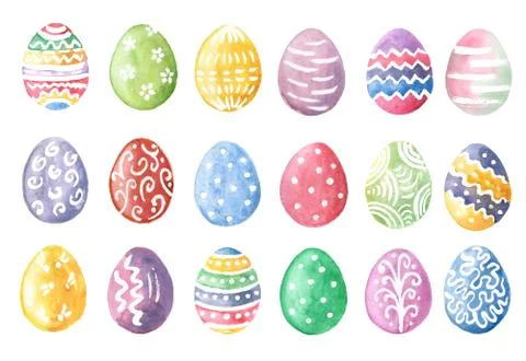 Happy Easter. Watercolor set of hand drawn colored Easter eggs Stock Illustration